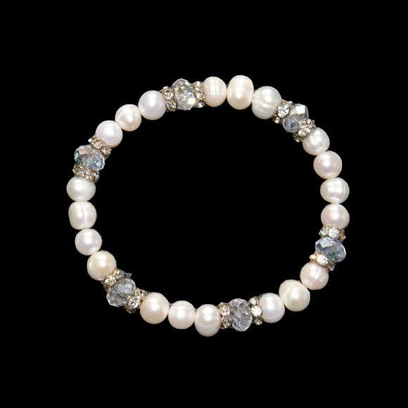 Bracelet, Stretch, Fresh Water Pearl, Crystal, Rhinestone - Picture 2 of 2